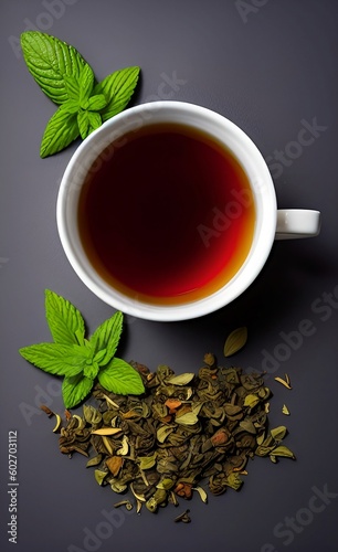 Taza de té negro sobre fondo oscuro con varias hierbas. Generado por IA