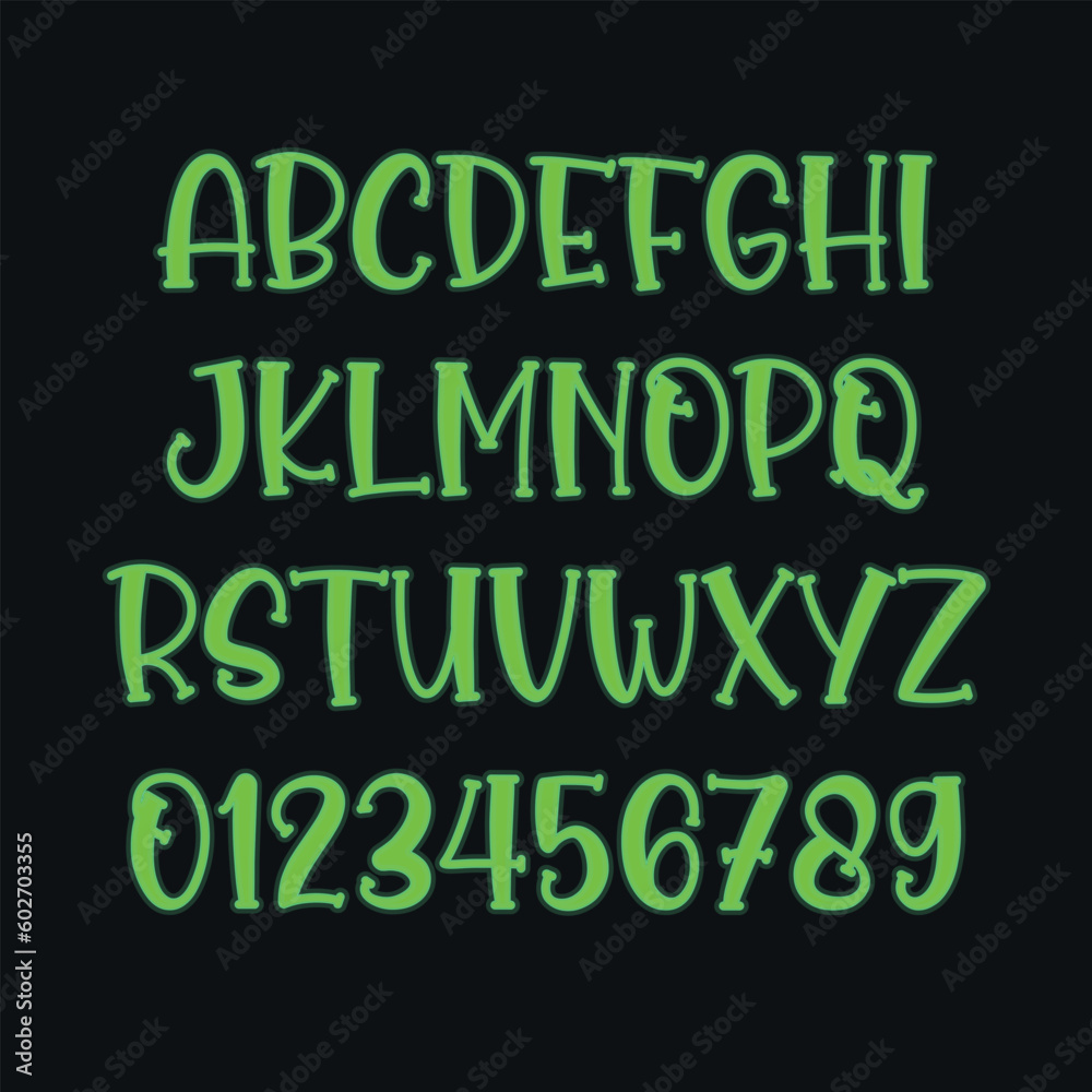 Fluorescent green alphabet capital letters and numbers set. Creative font on black background. Vector illustration. Fluorescent green alphabet capital letters and numbers set. Creative font on black background. Vector illustration.