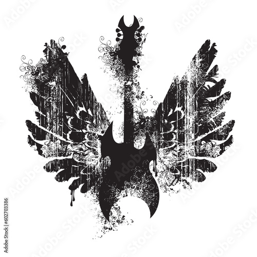 Vector illustration with an electric guitar and wings with splashes and curls in grunge style