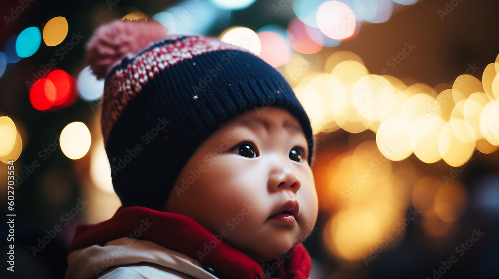 Little cute asian baby on background of christmas blurred lights Little cute asian baby on background of christmas blurred lights