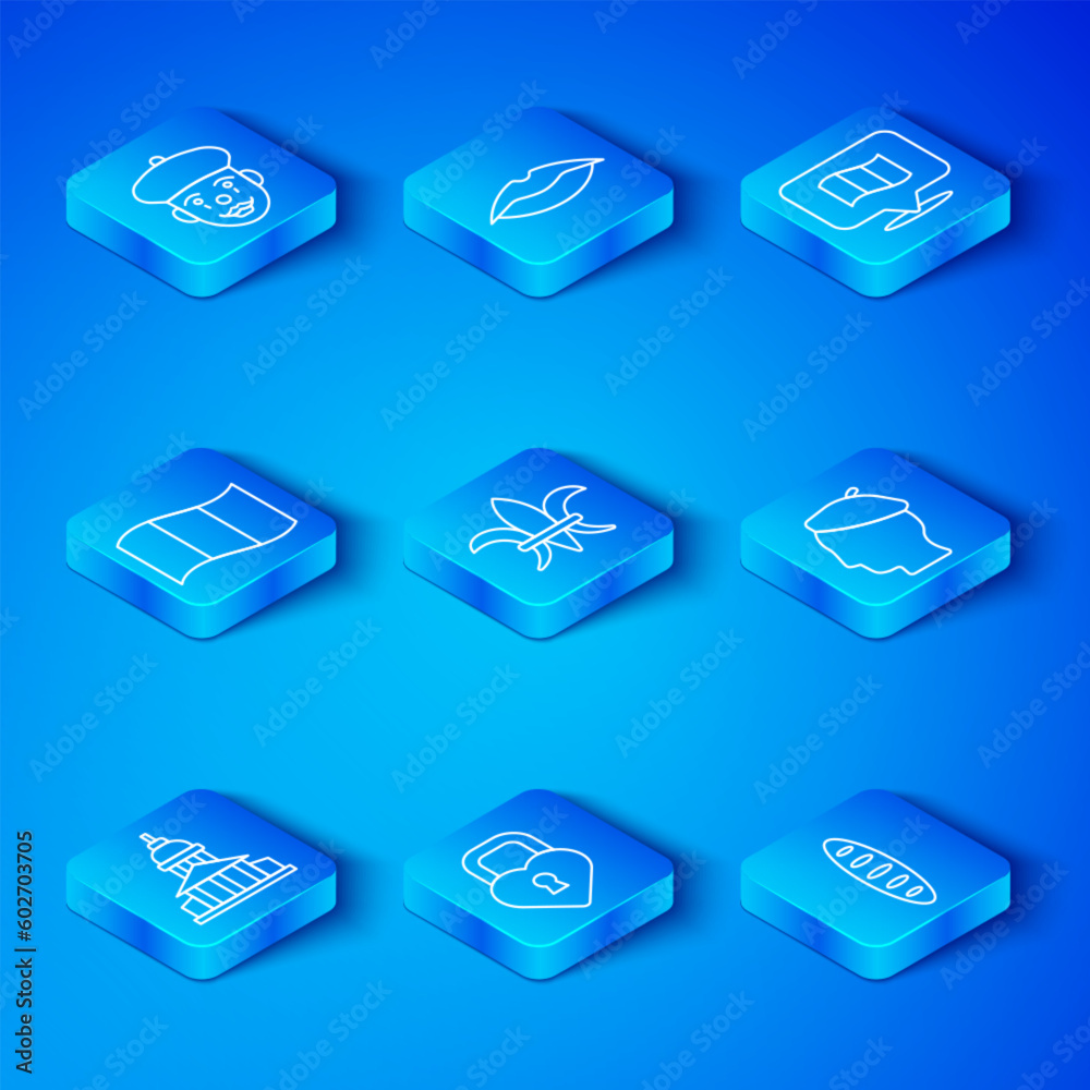 Set line Museum building, Fleur De Lys, Castle the shape of heart, French man, Flag France, mime and baguette bread icon. Vector Set line Museum building, Fleur De Lys, Castle the shape of heart, French man, Flag France, mime and baguette bread icon. Vector
