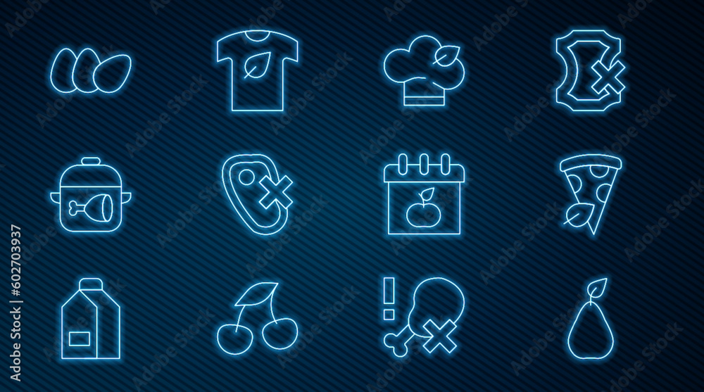 Set line Pear, Vegan pizza slice, food diet, No meat, Cooking pot and chicken leg, Chicken egg, World Vegetarian day and shirt icon. Vector