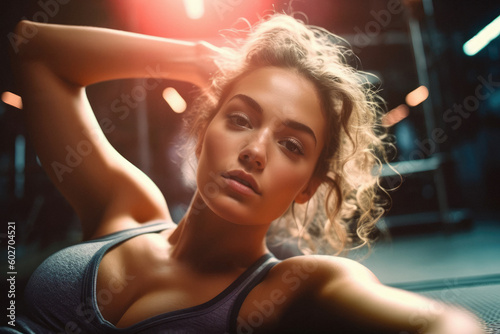 Fitness Goddess. A full-body shot of a gorgeous girl lying on a gym floor. Health and fitness inspiration concept. AI Generative