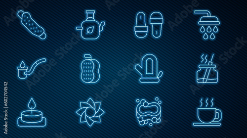 Set line Cup of tea, Aroma diffuser, Sauna slippers, Washcloth, ladle, mitten and Teapot with leaf icon. Vector