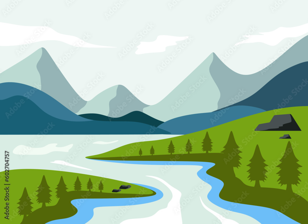 landscape illustration of mountains with lake and trees elements