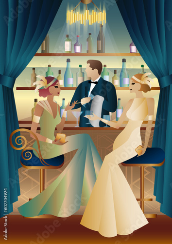 The party at the bar in the style of the early 20th century. Retro party vector illustration. Art Deco style.