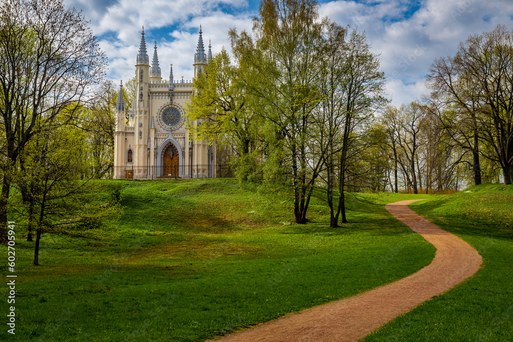 gothic chapel in the park in the spring in Peterhof near St. Petersburg
