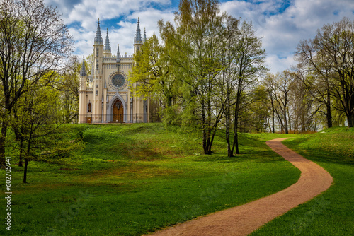 gothic chapel in the park in the spring in Peterhof near St. Petersburg