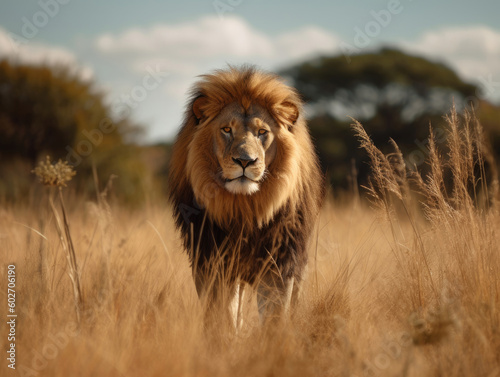 Male lion stands in safari © Veniamin Kraskov