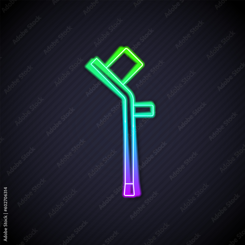Glowing neon line Crutch or crutches icon isolated on black background. Equipment for rehabilitation of people with diseases of musculoskeletal system. Vector Glowing neon line Crutch or crutches icon isolated on black background. Equipment for rehabilitation of people with diseases of musculoskeletal system. Vector