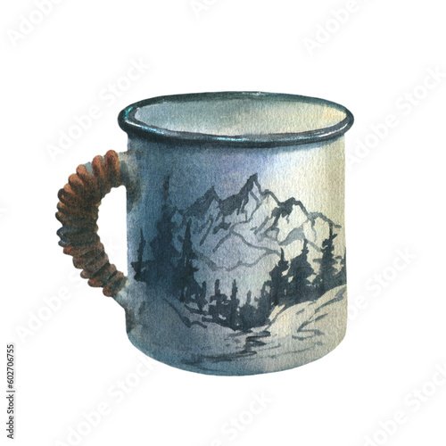 Watercolor illustration of a tourist iron mug isolated on a white background. White iron tea mug with a pattern of mountains and fir trees on it