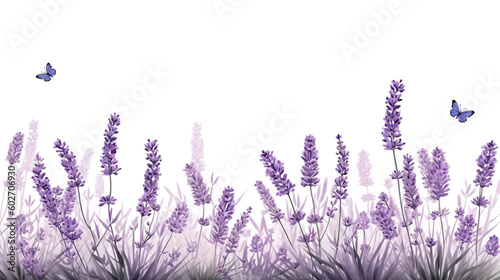 Border of tender lavender herb flowers on transparent background, AI generated
