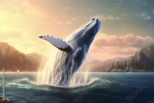 Humpback whale jumping out of water, beautiful scenery, magical.  © Nissan