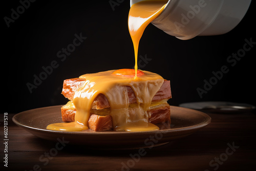 Appetizing francesinha with lot of cheese and an egg on top photo