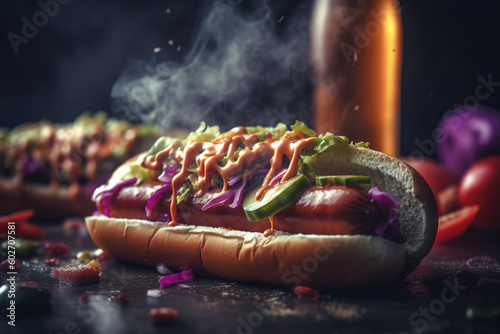 Appetizing hot-dog with sausage, vegatables and sauce