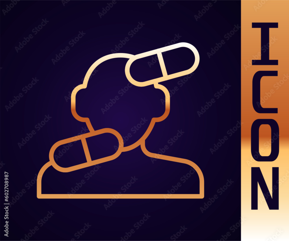 Gold line Sedative pills icon isolated on black background. Vector Gold line Sedative pills icon isolated on black background. Vector