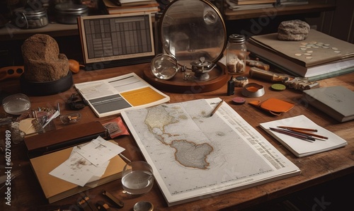  a desk with a map, a magnifying glass and other items on it. generative ai
