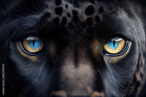 close up of a black leopard blue eyes