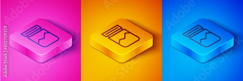 Isometric line Plastic bag of drug icon isolated on pink and orange, blue background. Health danger. Square button. Vector
