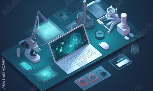 Wallpaper Mural  a laptop computer sitting on top of a desk next to a microscope.  generative ai Torontodigital.ca