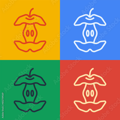 Pop art line Apple core icon isolated on color background. Bitten apple symbol. Apple stub silhouette. Biodegradable garbage sign. Vector