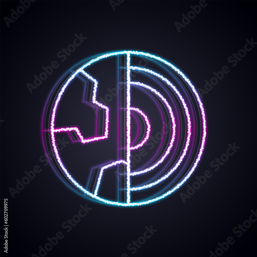 Glowing neon line Earth core structure crust icon isolated on black background. Vector