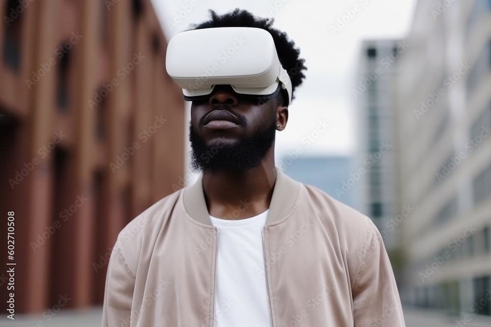 African man on street in virtual reality glasses on street. VR headset. Generative AI African man on street in virtual reality glasses on street. VR headset. Generative AI