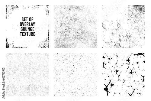 Overlay grunge textures set. Various overlays texture, imitation of stone, concrete, cracks and damage stamps. Different grunge effects. Vector.
