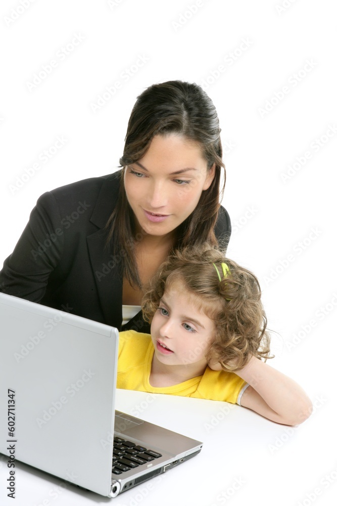 Beautiful mother and daughter with laptop computer on white background