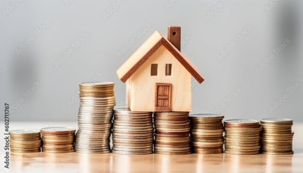 A white background showcases house, coins, energy-saving, and investment property. (Generative AI) A white background showcases house, coins, energy-saving, and investment property. (Generative AI)