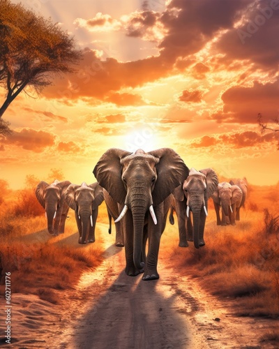 Majestic elephants walking on a plain, with a warm golden sunset. (Generative AI)