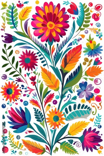 A white background with Mexican floral pattern in colors. (Generative AI)