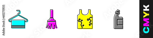 Set Towel on hanger, Feather broom, Dirty t-shirt and Bottle for cleaning agent icon. Vector