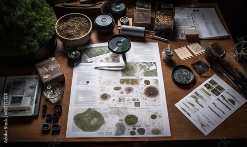  a table topped with lots of different types of plants and papers. generative ai