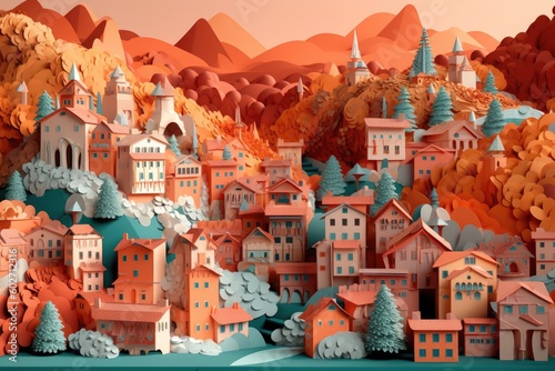 Miniature town with trees and houses. Created with Generative AI tools