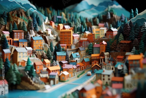 Miniature town with trees and houses. Created with Generative AI tools