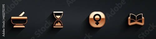 Set Mortar and pestle, Old hourglass with sand, Venus and Ancient magic book icon with long shadow. Vector