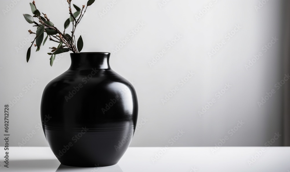  a black vase with a plant in it on a table.  generative ai