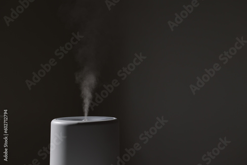 Diffuser, air purifier or humidifier releases strong stream of cold steam with essential oil at room. Aroma oil steam aromatherapy. Body health treatment. Spa and wellness