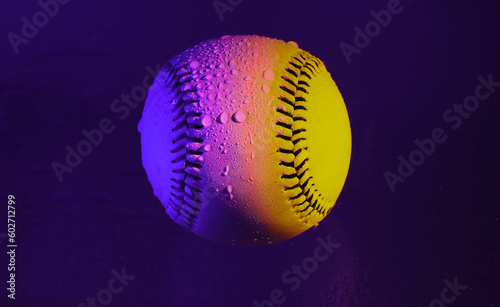 Bright purple and yellow pop art style baseball with water droplets for rain game concept in sport.