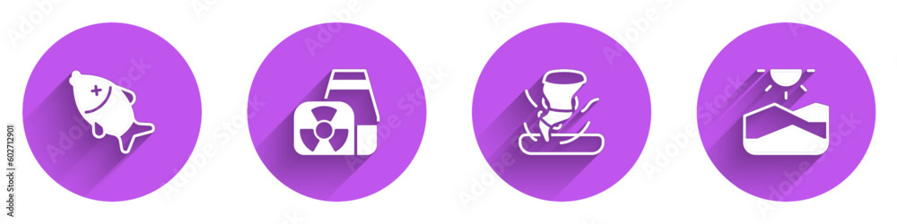 Set Dead fish, Nuclear power plant, Tornado and Drought icon with long shadow. Vector Set Dead fish, Nuclear power plant, Tornado and Drought icon with long shadow. Vector