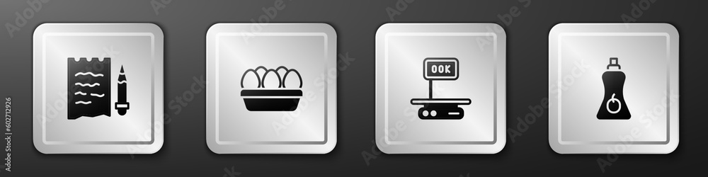 Set Shopping list and pencil, Chicken egg box, Electronic scales and Sauce bottle icon. Silver square button. Vector Set Shopping list and pencil, Chicken egg box, Electronic scales and Sauce bottle icon. Silver square button. Vector