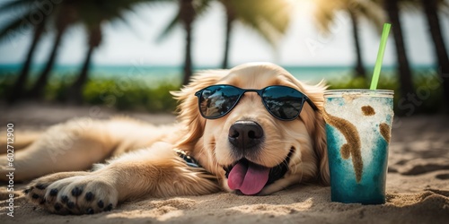 Golden Retriever dog is on summer vacation at seaside resort and relaxing rest on summer beach of Hawaii Generative AI