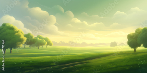 Illustration landscape green meadow, blue sky, clouds