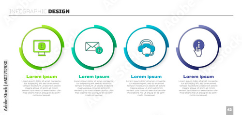 Set Monitor with information, New, email incoming message, Woman headset and Information. Business infographic template. Vector