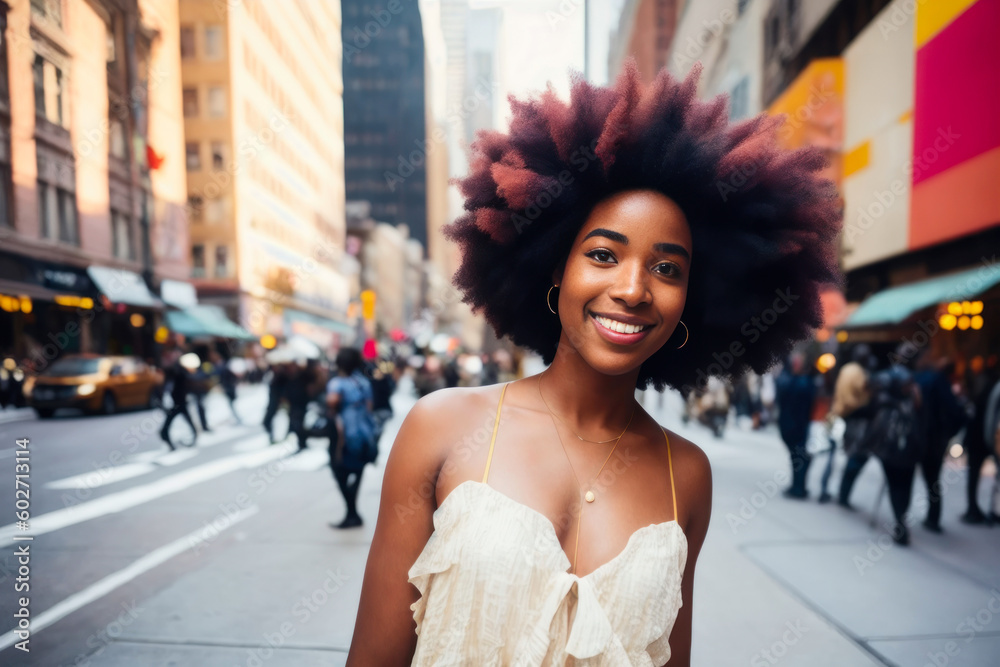 Digital portrait of a young happy afro woman with colorful hair walking on the street. Concept of active life. Generative AI Digital portrait of a young happy afro woman with colorful hair walking on the street. Concept of active life. Generative AI