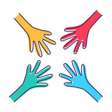 Different hands uniting and coming together. Vector drawing doodle icon illustration. Teamwork partnership