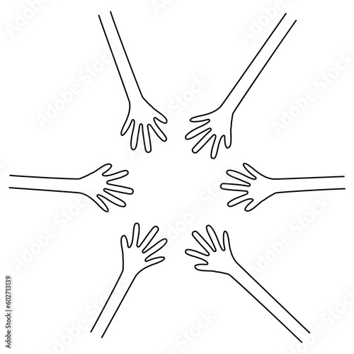 Different hands uniting and coming together. Vector drawing doodle icon illustration. Teamwork partnership