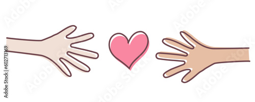 Two hands uniting with heart in the center. Vector drawing doodle icon illustration. Teamwork, partnership, charity, friendship and romance
