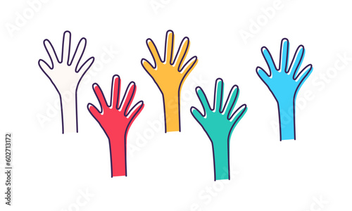 Volunteers and charity work. Raised helping hands. Vector icon background banner illustrations with a crowd of people ready and available to help and contribute.